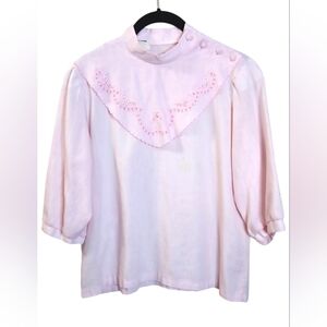 Vintage Pink Embroidered Bibbed Blouse With Puff Sleeves